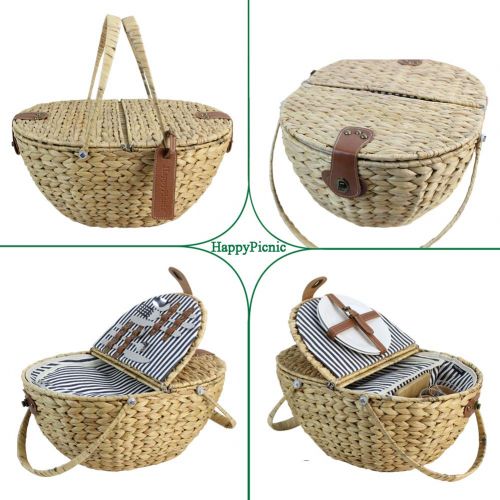  HappyPicnic Seagrass Picnic Basket for 2 Persons, Picnic Hamper Set with Insulated Cooler Compartment, Portable Basket with Foldable Handles(Navy Stripe)