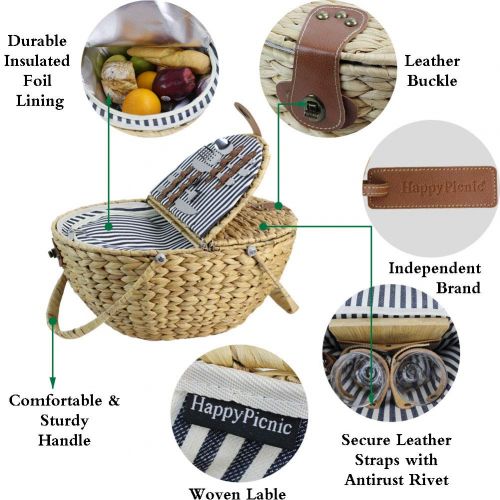  HappyPicnic Seagrass Picnic Basket for 2 Persons, Picnic Hamper Set with Insulated Cooler Compartment, Portable Basket with Foldable Handles(Navy Stripe)