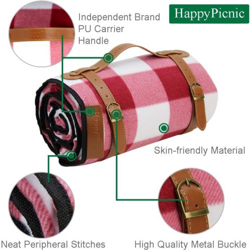  [아마존 핫딜]  [아마존핫딜]HappyPicnic Extra Large Picnic Blanket, 79 x 59 Soft Fleece Rug with PU Carrier and Waterproof Backing, Family Outdoor Travel Mat, Light Weight and Portable Lawn Blanket, Sand-Proo