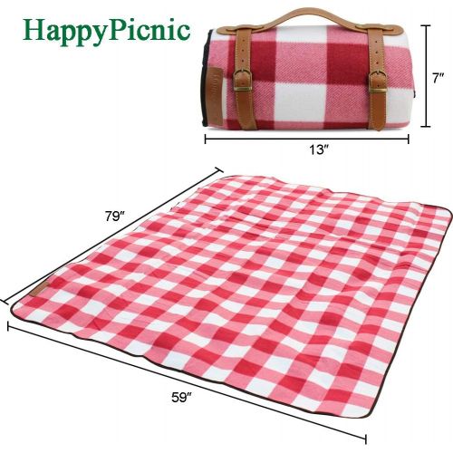  [아마존 핫딜]  [아마존핫딜]HappyPicnic Extra Large Picnic Blanket, 79 x 59 Soft Fleece Rug with PU Carrier and Waterproof Backing, Family Outdoor Travel Mat, Light Weight and Portable Lawn Blanket, Sand-Proo