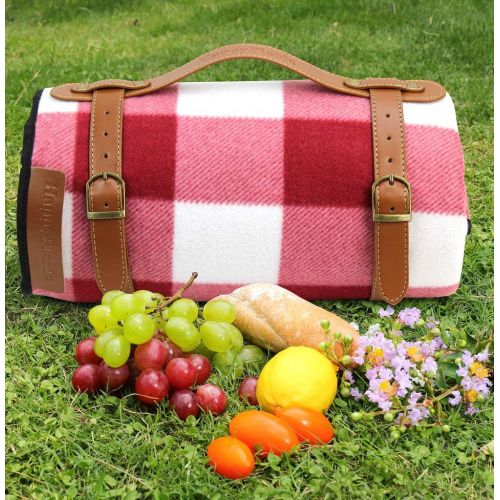  [아마존 핫딜]  [아마존핫딜]HappyPicnic Extra Large Picnic Blanket, 79 x 59 Soft Fleece Rug with PU Carrier and Waterproof Backing, Family Outdoor Travel Mat, Light Weight and Portable Lawn Blanket, Sand-Proo