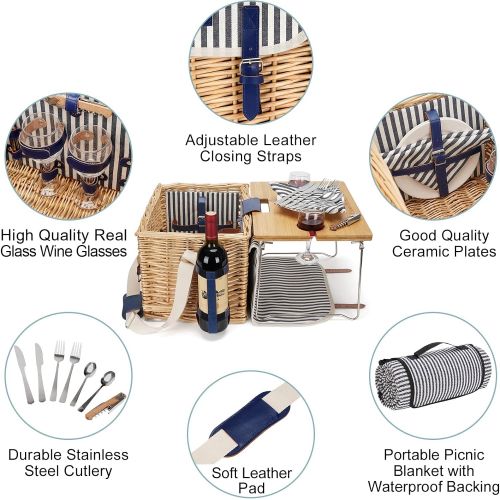  HappyPicnic Large Wicker Picnic Basket for 4 with Deluxe Service Set, Natural Willow Picnic Hamper with Food Cooler, Wine Cooler, Free Fleece Blanket and Tableware - Best Gift for Father Mothe