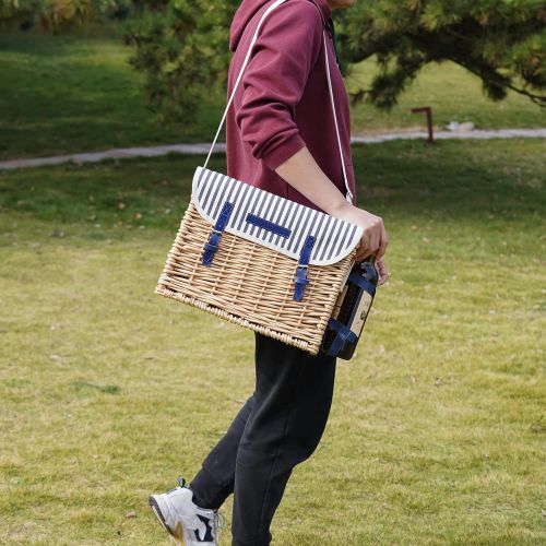  HappyPicnic Large Wicker Picnic Basket for 4 with Deluxe Service Set, Natural Willow Picnic Hamper with Food Cooler, Wine Cooler, Free Fleece Blanket and Tableware - Best Gift for Father Mothe