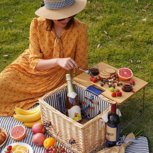  HappyPicnic Large Wicker Picnic Basket for 4 with Deluxe Service Set, Natural Willow Picnic Hamper with Food Cooler, Wine Cooler, Free Fleece Blanket and Tableware - Best Gift for Father Mothe