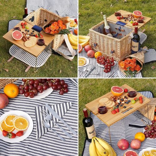  HappyPicnic Large Wicker Picnic Basket for 4 with Deluxe Service Set, Natural Willow Picnic Hamper with Food Cooler, Wine Cooler, Free Fleece Blanket and Tableware - Best Gift for Father Mothe