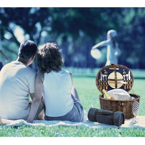  HappyPicnic Unique Willow Picnic Basket for 2 Persons, Natural Wicker Picnic Hamper with Service Set and Insulated Cooler Bag - Best Gifts for Father Mother