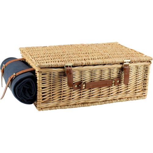  HappyPicnic Large Willow Picnic Basket with Deluxe Service Set for 4 Persons, Natural Wicker Picnic Hamper with Food Cooler, Wine Cooler, Free Fleece Blanket and Tableware - Best Gift for Fath