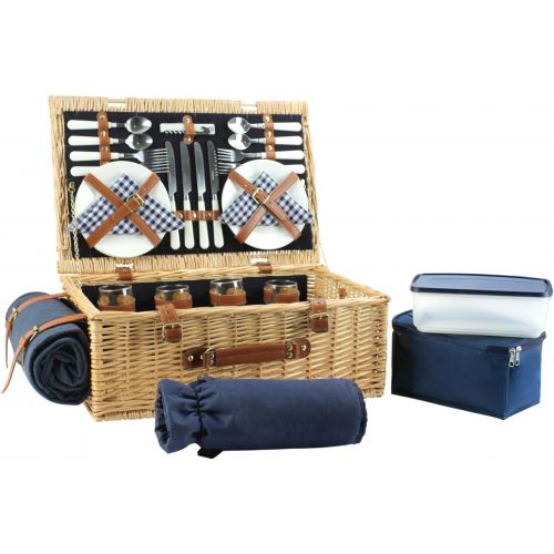  HappyPicnic Large Willow Picnic Basket with Deluxe Service Set for 4 Persons, Natural Wicker Picnic Hamper with Food Cooler, Wine Cooler, Free Fleece Blanket and Tableware - Best Gift for Fath