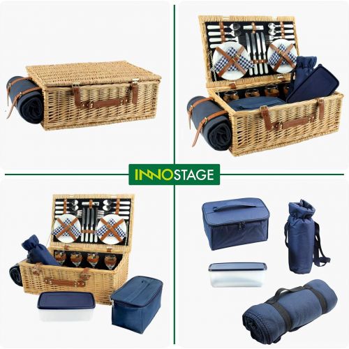  HappyPicnic Large Willow Picnic Basket with Deluxe Service Set for 4 Persons, Natural Wicker Picnic Hamper with Food Cooler, Wine Cooler, Free Fleece Blanket and Tableware - Best Gift for Fath