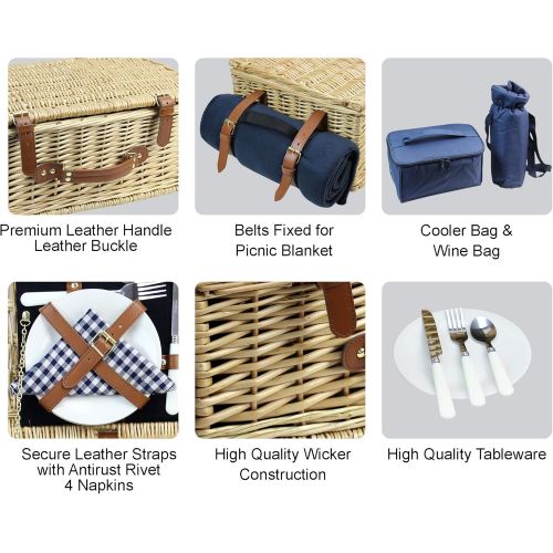  HappyPicnic Large Willow Picnic Basket with Deluxe Service Set for 4 Persons, Natural Wicker Picnic Hamper with Food Cooler, Wine Cooler, Free Fleece Blanket and Tableware - Best Gift for Fath