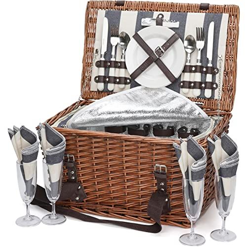  HappyPicnic Willow Picnic Basket Set for 4 Persons, Wicker Picnic Hamper with Insulated Cooler and Cutlery Service, Perfect in Picnicking and Camping, Best Choice for Christmas, Bi