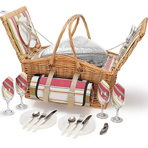  HappyPicnic Willow Picnic Basket Set for 4 Persons with Double Lids, Durable Handle and Insulated Cooler Compartment, Handmade Wicker Hamper for Outdoor Living Camping