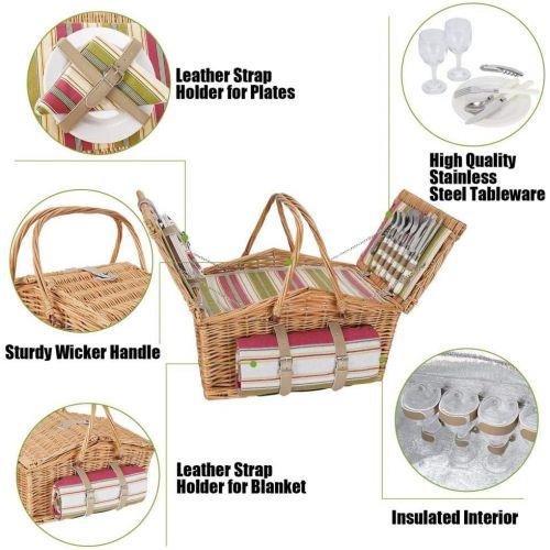  HappyPicnic Willow Picnic Basket Set for 4 Persons with Double Lids, Durable Handle and Insulated Cooler Compartment, Handmade Wicker Hamper for Outdoor Living Camping