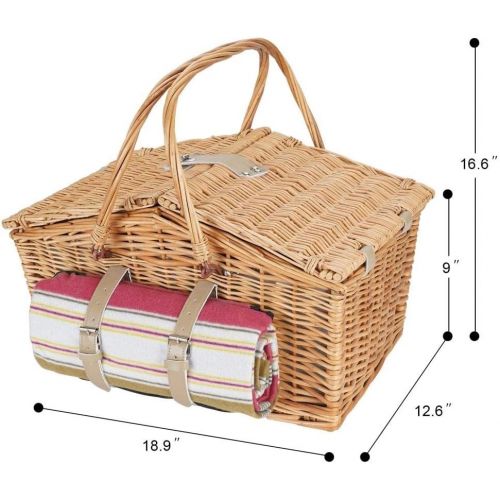  HappyPicnic Willow Picnic Basket Set for 4 Persons with Double Lids, Durable Handle and Insulated Cooler Compartment, Handmade Wicker Hamper for Outdoor Living Camping