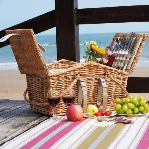  HappyPicnic Willow Picnic Basket Set for 4 Persons with Double Lids, Durable Handle and Insulated Cooler Compartment, Handmade Wicker Hamper for Outdoor Living Camping