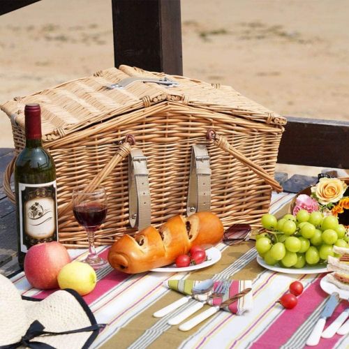  HappyPicnic Willow Picnic Basket Set for 4 Persons with Double Lids, Durable Handle and Insulated Cooler Compartment, Handmade Wicker Hamper for Outdoor Living Camping