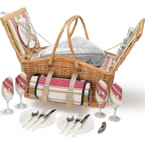  HappyPicnic Willow Picnic Basket Set for 4 Persons with Double Lids, Durable Handle and Insulated Cooler Compartment, Handmade Wicker Hamper for Outdoor Living Camping