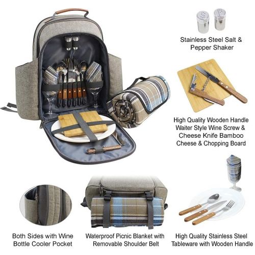  HappyPicnic Insulated Picnic Backpack for 2 Persons with Full Set of Tablewares, Roomy Cooler Compartment, Bottle Holders and Large Waterproof Picnic Rug (Brushed Khaki)