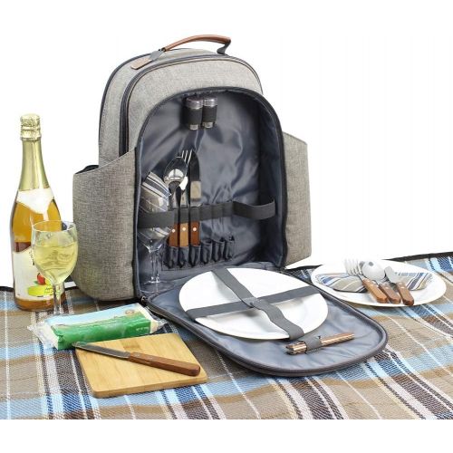  HappyPicnic Insulated Picnic Backpack for 2 Persons with Full Set of Tablewares, Roomy Cooler Compartment, Bottle Holders and Large Waterproof Picnic Rug (Brushed Khaki)