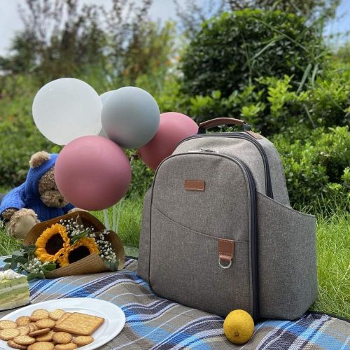  HappyPicnic Insulated Picnic Backpack for 2 Persons with Full Set of Tablewares, Roomy Cooler Compartment, Bottle Holders and Large Waterproof Picnic Rug (Brushed Khaki)