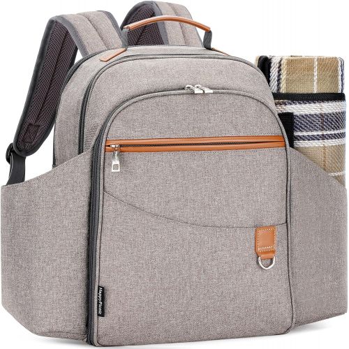  HappyPicnic Picnic Backpack Sets for 4 Persons,Picnic Cooler Bag with Roomy Insulated Compartment, Bottle Holders and Waterproof Picnic Rug (Brushed Khaki)