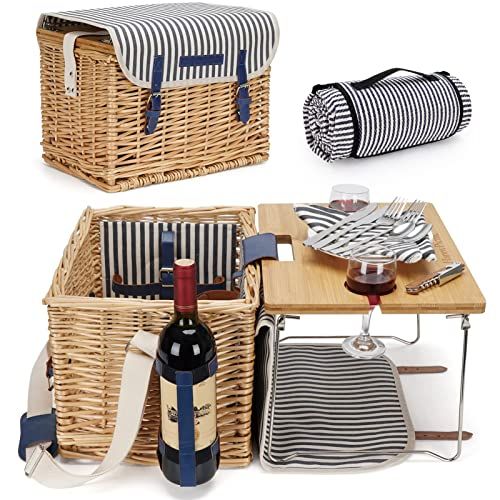  HappyPicnic Extra Large Willow Picnic Basket with Service Set for 4 Persons, Natural Wicker Picnic Hamper with Free Food Cooler, Fleece Blanket and Tableware - Best Gift