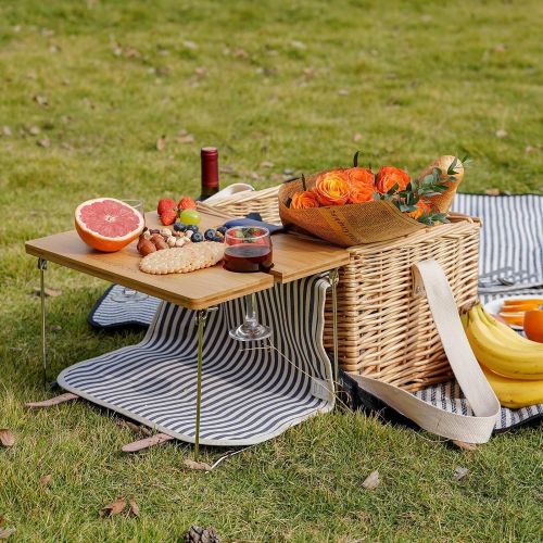  HappyPicnic Extra Large Willow Picnic Basket with Service Set for 4 Persons, Natural Wicker Picnic Hamper with Free Food Cooler, Fleece Blanket and Tableware - Best Gift