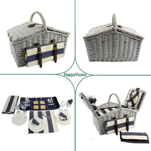  HappyPicnic Huntsman Willow Picnic Hamper for 4 Persons with Built-in Insulated Cooler, Wicker Picnic Basket with Canvas Stripe Lining, Willow Picnic Set, Picnic Gift Basket (Navy