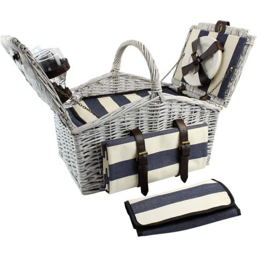  HappyPicnic Huntsman Willow Picnic Hamper for 4 Persons with Built-in Insulated Cooler, Wicker Picnic Basket with Canvas Stripe Lining, Willow Picnic Set, Picnic Gift Basket (Navy