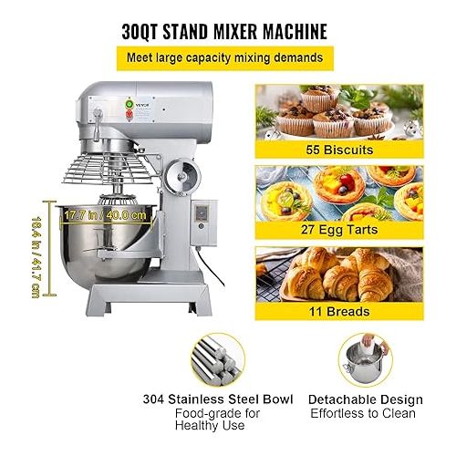  Happybuy 30Qt Commercial Food Mixer with Timing Function， Commercial Mixer 1250W Stainless Steel Bowl Heavy Duty Electric Food Mixer Commercial with 3 Speeds Adjustable, Perfect for Bakery Pizzeria