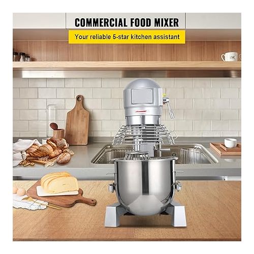  Happybuy 30Qt Commercial Food Mixer with Timing Function， Commercial Mixer 1250W Stainless Steel Bowl Heavy Duty Electric Food Mixer Commercial with 3 Speeds Adjustable, Perfect for Bakery Pizzeria