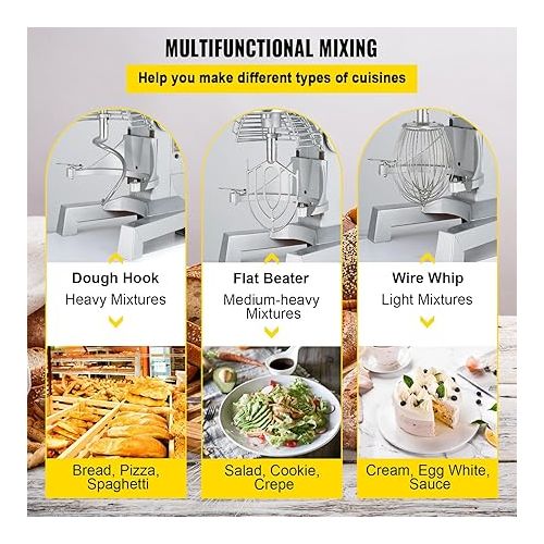  Happybuy 30Qt Commercial Food Mixer with Timing Function， Commercial Mixer 1250W Stainless Steel Bowl Heavy Duty Electric Food Mixer Commercial with 3 Speeds Adjustable, Perfect for Bakery Pizzeria