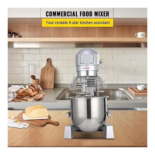  Happybuy 15Qt Commercial Food Mixer with Timing Function， Commercial Mixer 500W Stainless Steel Bowl Heavy Duty Electric Food Mixer Commercial with 3 Speeds Adjustable, Perfect for Bakery Pizzeria