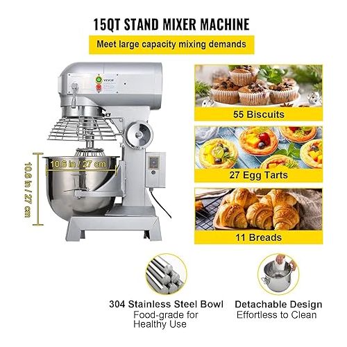  Happybuy 15Qt Commercial Food Mixer with Timing Function， Commercial Mixer 500W Stainless Steel Bowl Heavy Duty Electric Food Mixer Commercial with 3 Speeds Adjustable, Perfect for Bakery Pizzeria