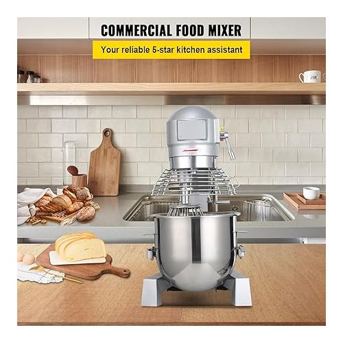  Happybuy 10Qt Commercial Food Mixer with Timing Function， Commercial Mixer 500W Stainless Steel Bowl Heavy Duty Electric Food Mixer Commercial with 3 Speeds Adjustable, Perfect for Bakery Pizzeria