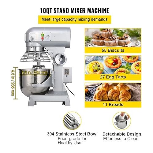  Happybuy 10Qt Commercial Food Mixer with Timing Function， Commercial Mixer 500W Stainless Steel Bowl Heavy Duty Electric Food Mixer Commercial with 3 Speeds Adjustable, Perfect for Bakery Pizzeria