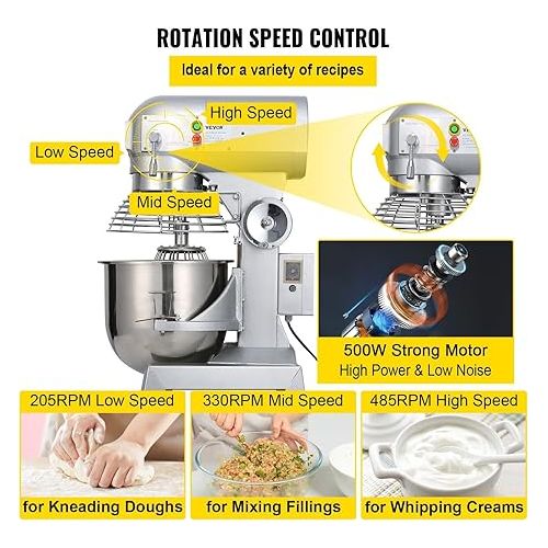  Happybuy 10Qt Commercial Food Mixer with Timing Function， Commercial Mixer 500W Stainless Steel Bowl Heavy Duty Electric Food Mixer Commercial with 3 Speeds Adjustable, Perfect for Bakery Pizzeria