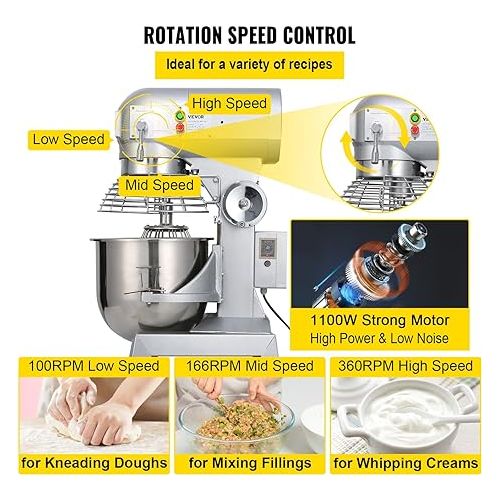  Happybuy 20Qt Commercial Food Mixer with Timing Function， Commercial Mixer 1100W Stainless Steel Bowl Heavy Duty Electric Food Mixer Commercial with 3 Speeds Adjustable, Perfect for Bakery Pizzeria