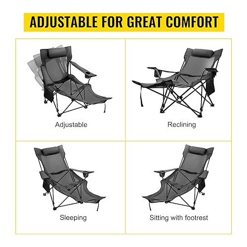  Happybuy Folding Camp Chair with Footrest Mesh, Portable Lounge Chair with Cup Holder and Storage Bag, for Camping Fishing and Other Outdoor Activities (Grey)