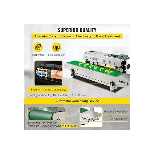  Happybuy FR-900 Continuous Band Sealer, Automatic Horizontal Band Sealer 110V, Continuous Sealing Machine Temperature Control, Bag Sealer Machine for PVC Bags Films