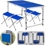 Happybuy Folding Picnic Table with 4 Benches 4 Person Adjustable Height Portable Camping Table and Chairs Set for Office Garden Outdoor