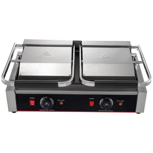  Happybuy Commercial Sandwich Panini Press Grill, 2X1800W Double Flat Plates Electric Stainless Steel Sandwich Maker, Temperature Control 122°F-572°F Non Stick Surface for Hamburger