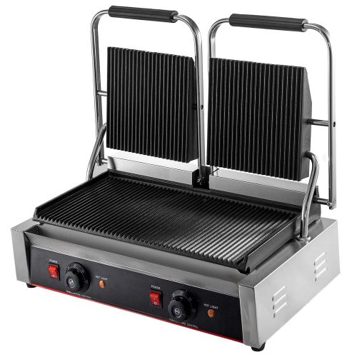  Happybuy 110V Commercial Sandwich Panini Press Grill 2X1800W Temperature Control 122°F-572°F Commercial Panini Grill Non Stick Surface for Hamburgers Steaks Bacons (Double Grooved