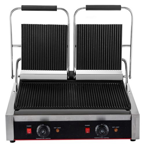  Happybuy 110V Commercial Sandwich Panini Press Grill 2X1800W Temperature Control 122°F-572°F Commercial Panini Grill Non Stick Surface for Hamburgers Steaks Bacons (Double Grooved