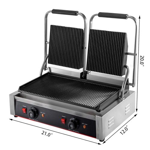  Happybuy 110V Commercial Sandwich Panini Press Grill 2X1800W Temperature Control 122°F-572°F Commercial Panini Grill Non Stick Surface for Hamburgers Steaks Bacons (Double Grooved