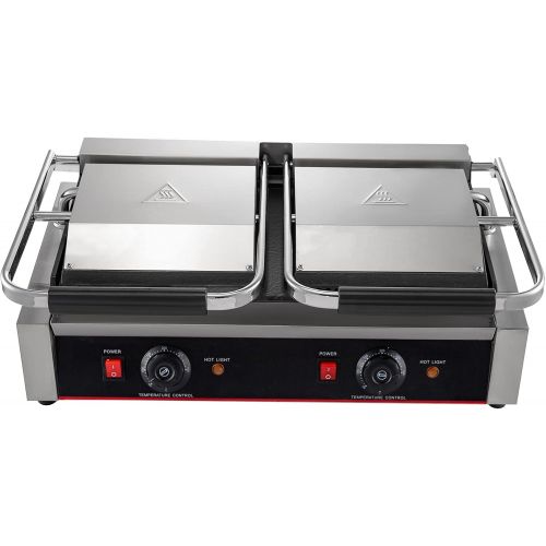  Happybuy 110V Commercial Sandwich Panini Press Grill 2X1800W Temperature Control 122°F-572°F Commercial Panini Grill Non Stick Surface for Hamburgers Steaks Bacons (Up Grooved and