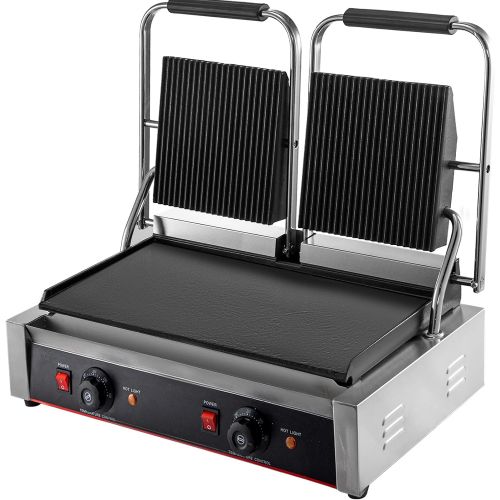  Happybuy 110V Commercial Sandwich Panini Press Grill 2X1800W Temperature Control 122°F-572°F Commercial Panini Grill Non Stick Surface for Hamburgers Steaks Bacons (Up Grooved and