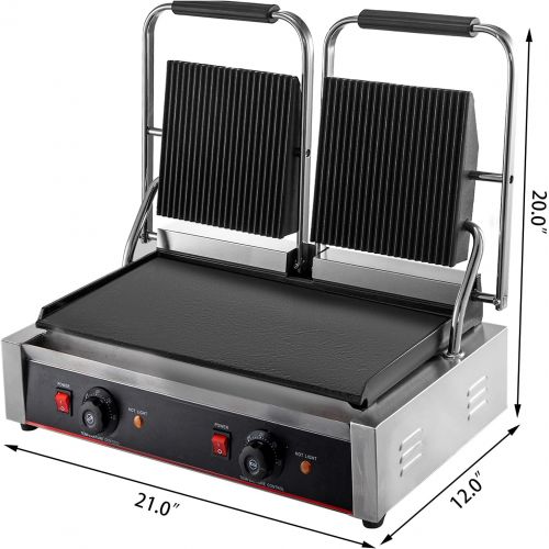  Happybuy 110V Commercial Sandwich Panini Press Grill 2X1800W Temperature Control 122°F-572°F Commercial Panini Grill Non Stick Surface for Hamburgers Steaks Bacons (Up Grooved and