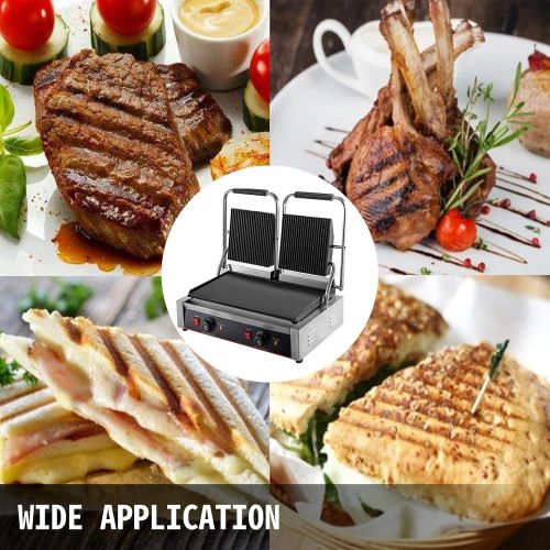  Happybuy 110V Commercial Sandwich Panini Press Grill 2X1800W Temperature Control 122°F-572°F Commercial Panini Grill Non Stick Surface for Hamburgers Steaks Bacons (Up Grooved and