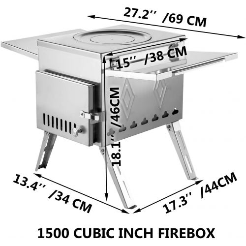  Happybuy Tent Wood Stove 18.1x15x27.2 inch, Camping Wood Stove 304 Stainless Steel With Folding Pipe, Portable Wood Stove 113 inch Total Height For Camping, Tent Heating, Hunting,